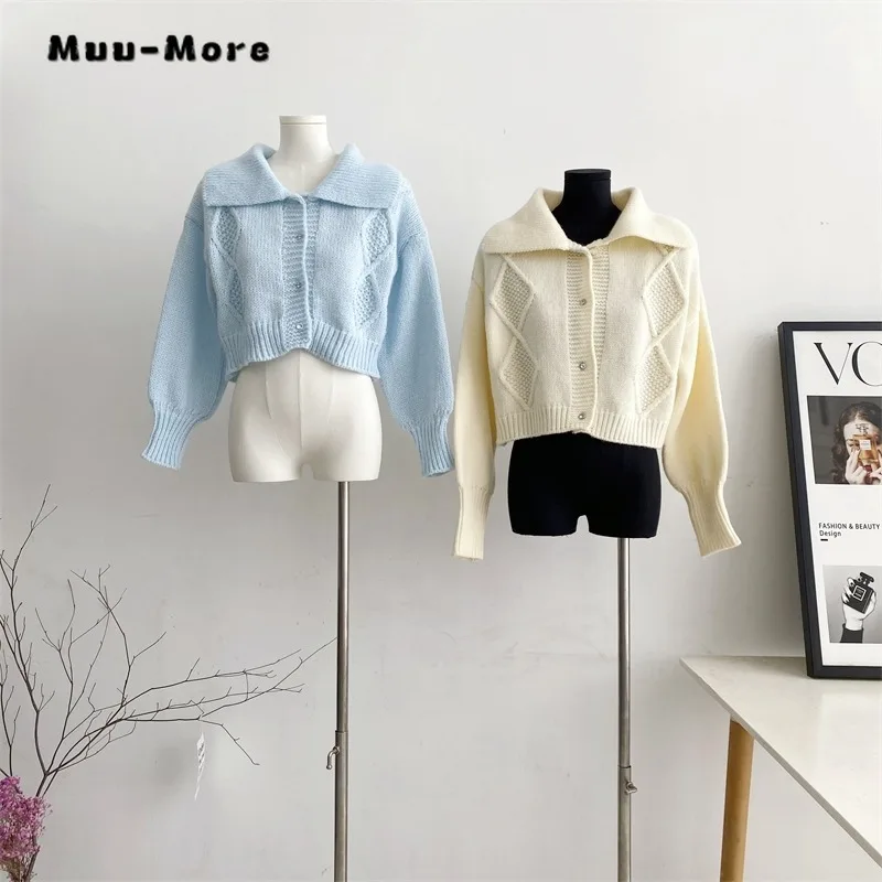 

Korean Sweet Style Women's Blue Lapel Twist Crop Single Breasted Sweater 2023 Autumn Winter Lantern Long Sleeve Knitted Cardigan