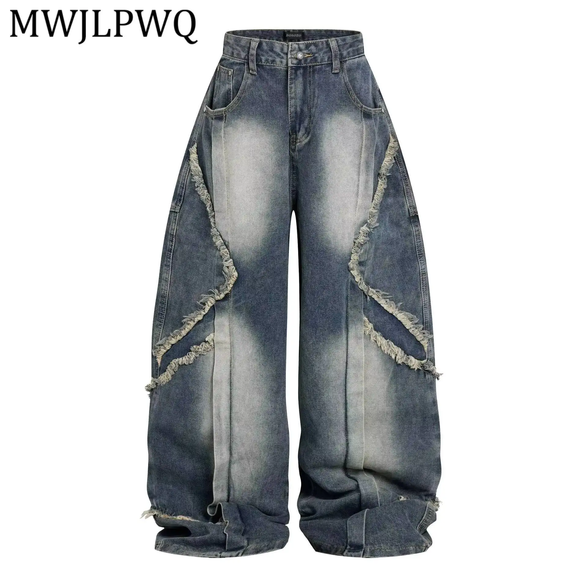 MWJLPWQ 2026 Spring Autumn New Split Fringed Denim Pants Men's Vintage Washed Loose Curved Knife Wide Leg Jeans Fashion 17278