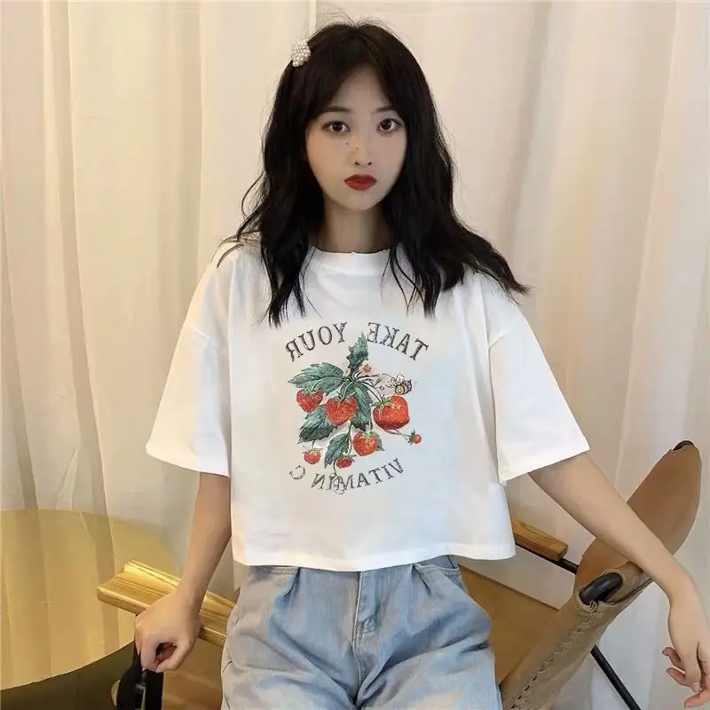 Sommer 2025, schmale Passform, S Sve-T-Shirt für Damen, Cartoon-Druck, reine Farbe, koreanisches Sle, vielseitiges, rundes, hautlanges Oberteil