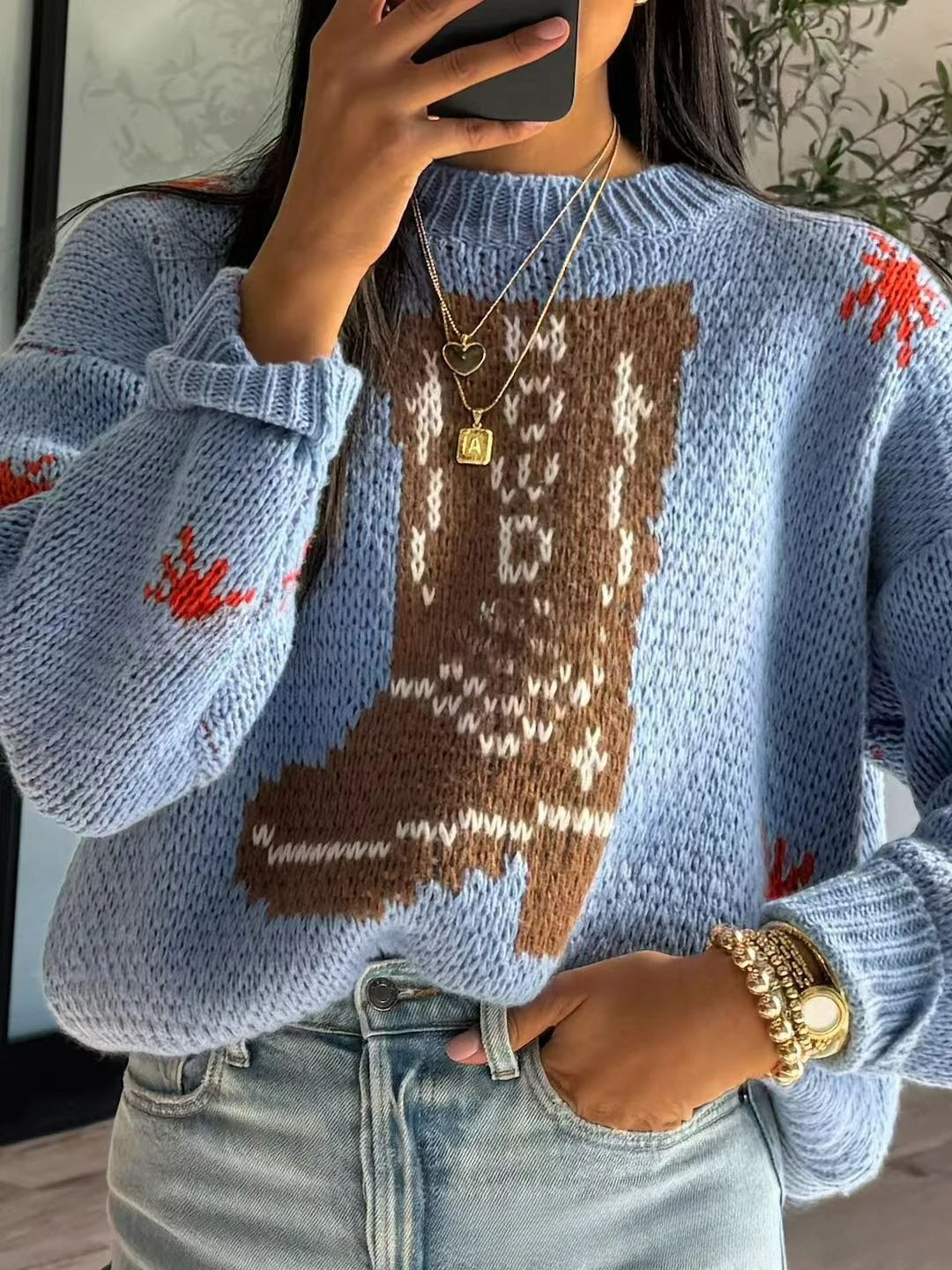 2025, Herbst- und Wintermode, neues Rundhals-Langarm-Strickhemd für Damen in mittlerer Länge