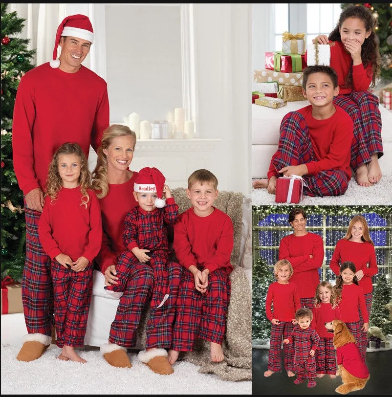 Matching Family Christmas Pajamas Set with Festive Letter Print Tops and Plaid Pants - Holiday Sleepwear for Adults and children