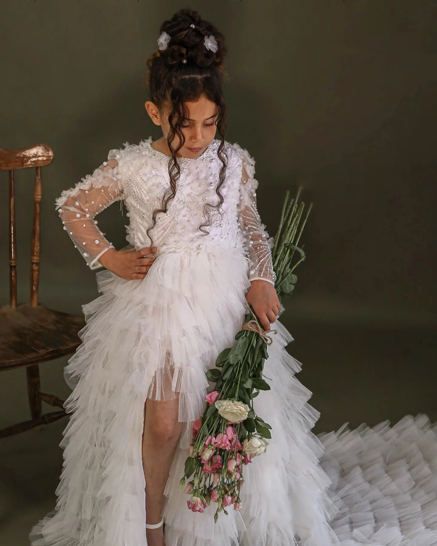 Custom JDY High End Heavy Pearl Tulle Tiered Flower Girl Dress With Train For Wedding Birthday Party Pageant Runway Formal Gown