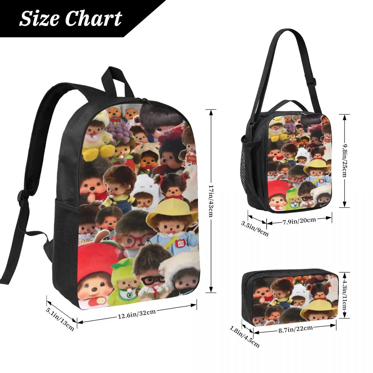 3Pcs Kawaii Monchhichis Backpack Set for Children Pencil Boxes Bookbag Sets with Lunch Box For School Students Knapsack