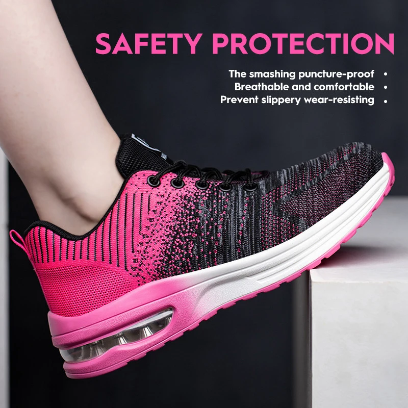 Chaussures de protection au travail pour femmes, anti-impact et anti-crevaison, chaussures de sécurité, tissées à la mouche, respirantes, légères, absorption des chocs