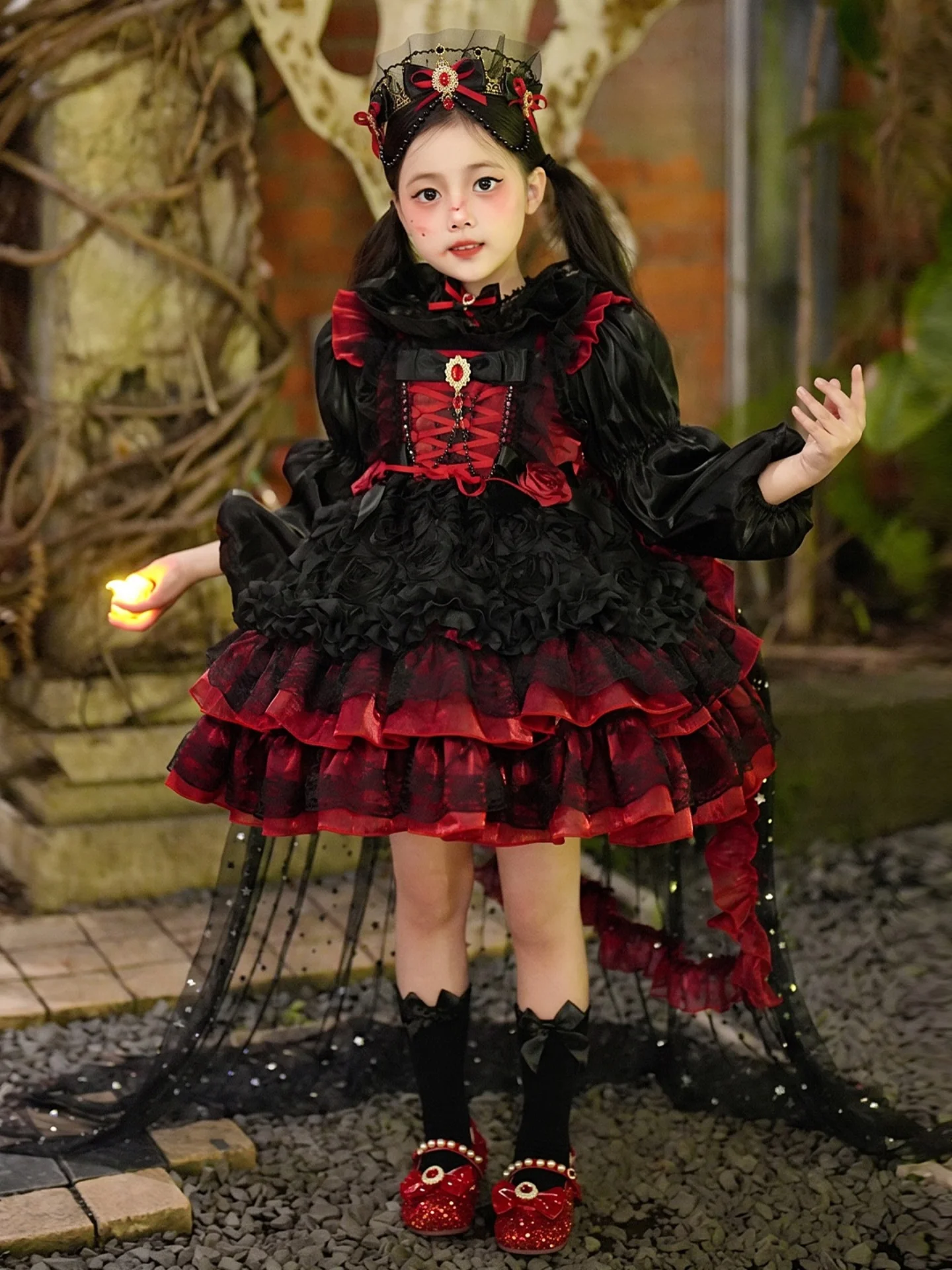 Vestido Lolita Estilo Princesa para Halloween com Saia de Tule para Meninas, Fantasia de Anjo Negro para Apresentações, Roupa...