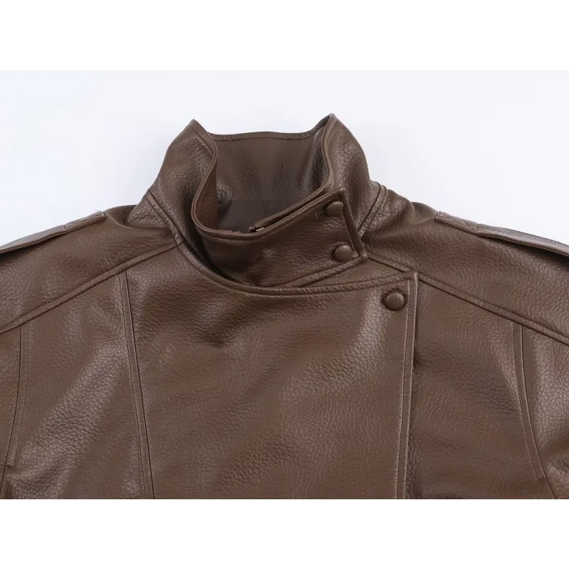 Vintage Trendy Stand Collar Faux Leather Jacket Women's Soft PU Leather Coat Biker Jacket Long Sleeve Zipper Windproof Outerwear