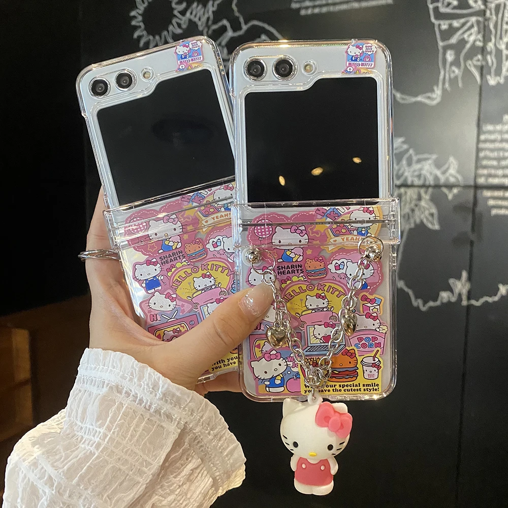 Etui na telefon Cartoon Kawaii Hello Kitty z bransoletką do Samsung Galaxy Z Flip 3 4 Z Flip 5 6 5G PC Hard Anti-drop Back Cover