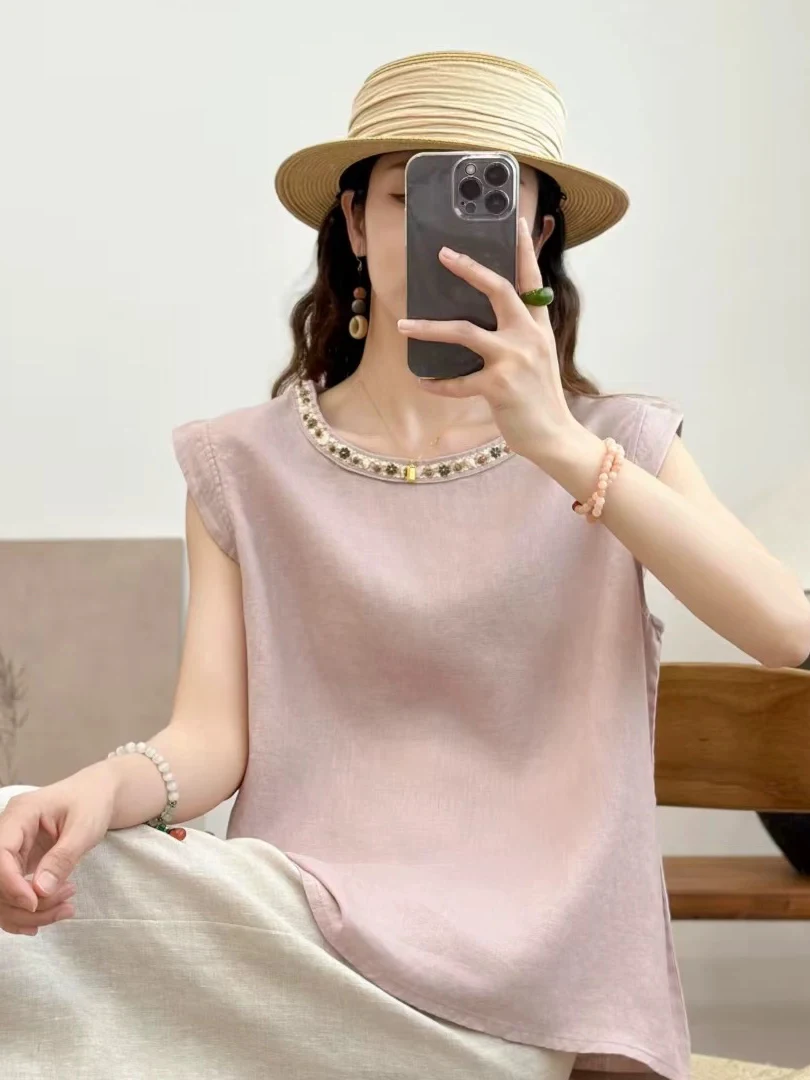 

Fashionable Beaded Linen Color Sleeveless Vest Women's Summer Loose Casual Shirt Versatile Shoulder Top Trendy