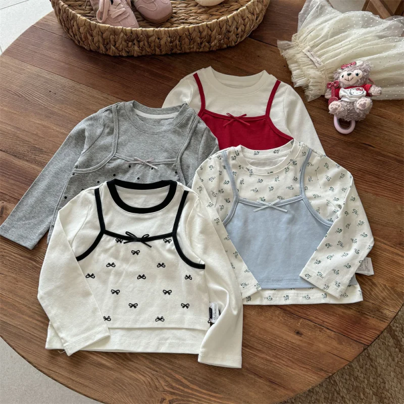 

Autumn Fake Two-PiecetBaby Girl Thin Style Casual Loose Fashionable Children's Long SleeveTShirt Trendy