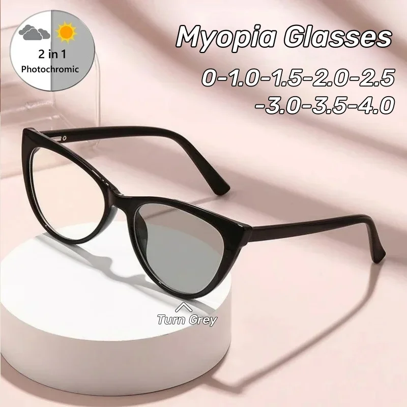 

Retro Cat-eye Photochromic Myopia Glasses Spring-legged Fashion Ultra-light Glasses for Men and Women Minus Diopter Eyeglasses