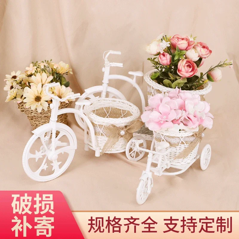 Handmade Rattan Flower Bike Vase Colorful Rose Flower Daisy Artificial Flower Pot for Home Wedding Decoration Storage Container