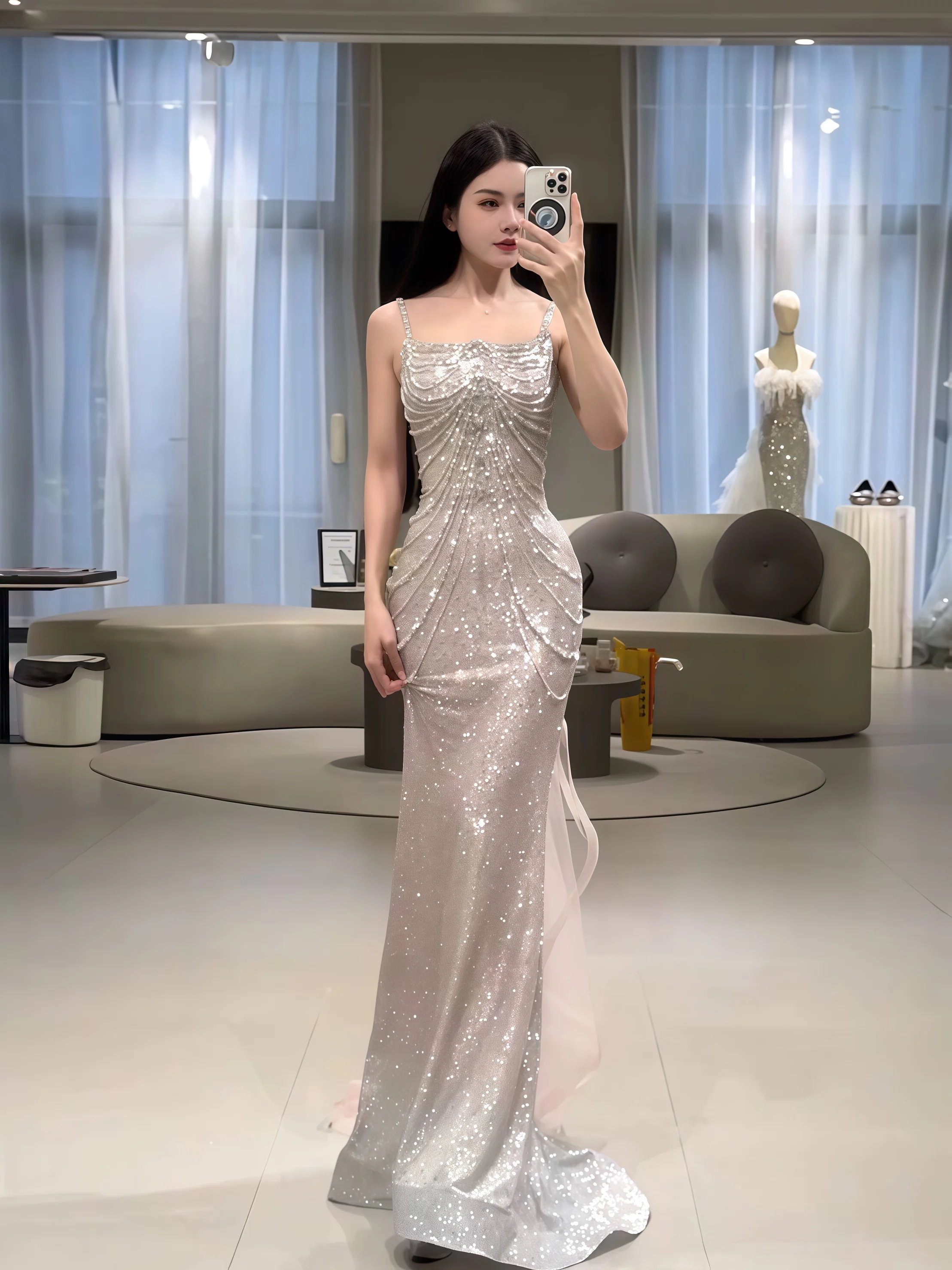 Extravagant Silver Prom Dress Mermaid Spaghetti Strap Cuffless Beaded Decoration Formal Occasion Celebrity Evening Dress New