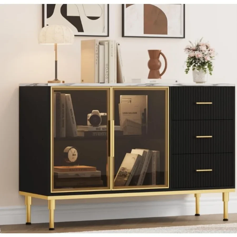 Sideboard Buffet Cabinet for dining room, MDF with tempered glass doors and wave-textured white drawers, modern storage solutio