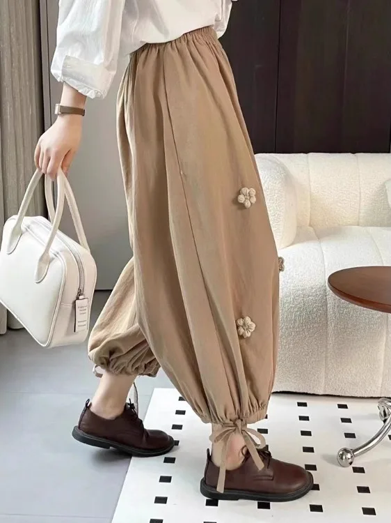 Pantalones tipo farol adelgazantes para mujer, pantalones Harlan decorados con combinación de lino y algodón de cintura alta, ropa de otoño