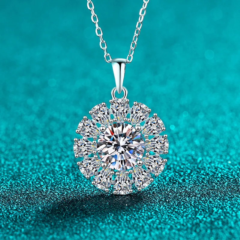 

Женское 2-каратное ожерелье из белого золота 18 карат с муассанитом, блестящий подсолнух, платина Pt950, стильная подвеска, цепочка на ключицы, ювелирные украшения