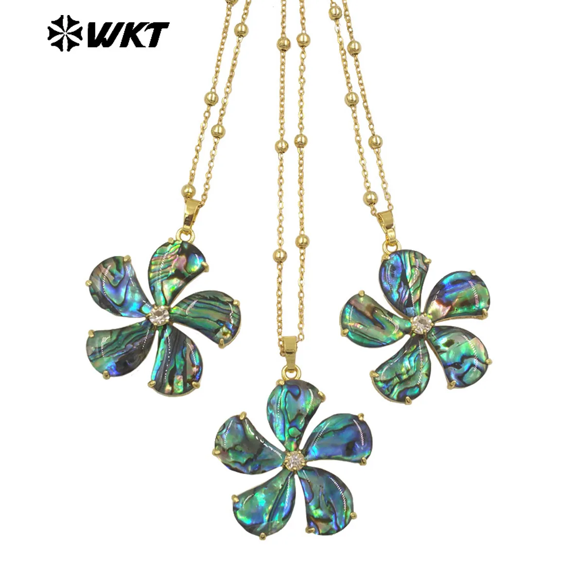 WT-JN310 Elegant Flower Shape Grain Smooth Abalone Shell CZ Pendant 18K Gold Beads Necklace Skirt And Sweater Accessory