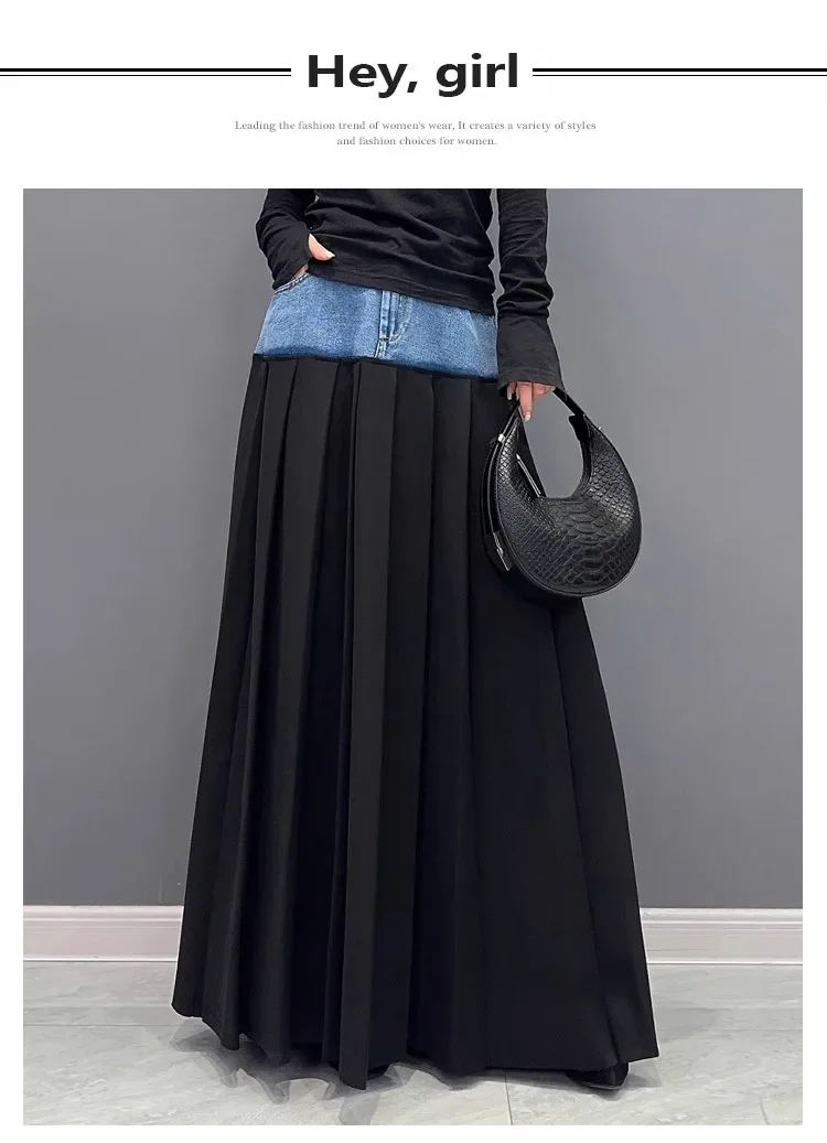 Y2k Pleated Skirt Women Long Skirts Denim Patchwork High Waist Washed Distressed Vintage Floor Length 2025 Streetwear A Line