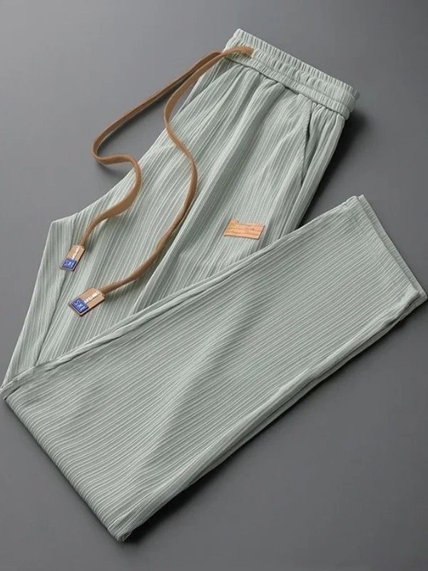 

Men's Summer Thin Ice Silk Straight Leg Pants Casual Nine Point Sports Leisure Trousers Polyester Fiber Low Waist Breathable