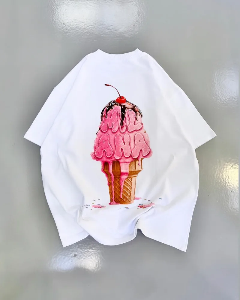 

Summer new Harajuku Hip Hop fashion cotton Short sleeve ice cream Print T-shirt Women Y2k Gothic rock couple loose casual shirt