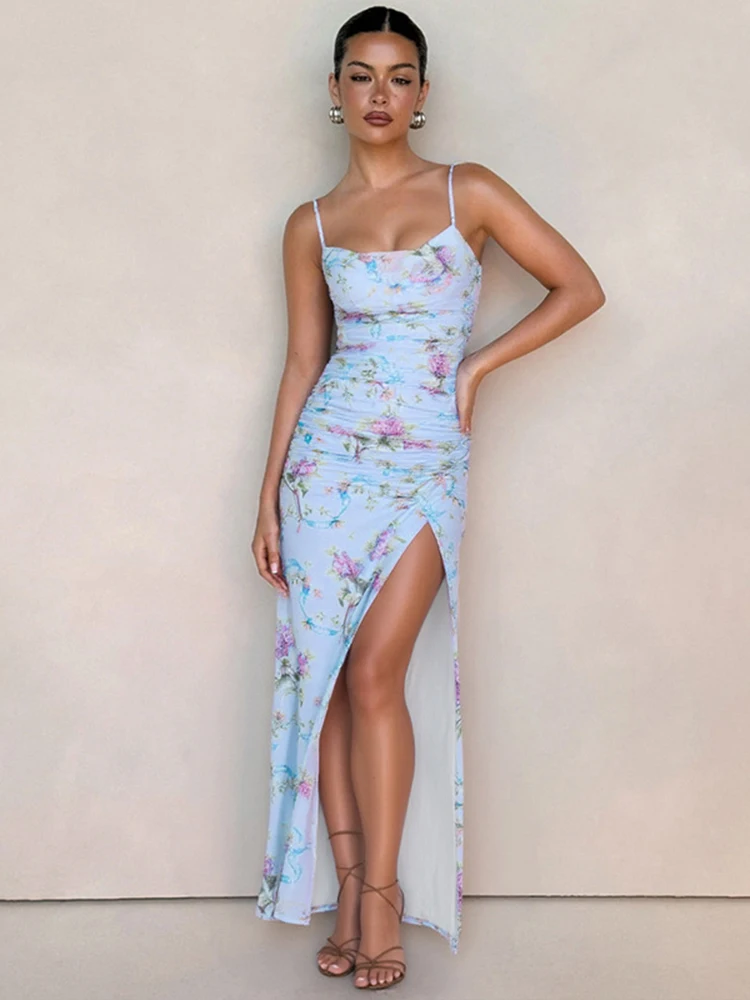 

Sisterlinda Summer Release Junior Fashion Sexy High Street Long Dress K25D65689 Girl Printing Halter Slim Cleavage Backless Robe