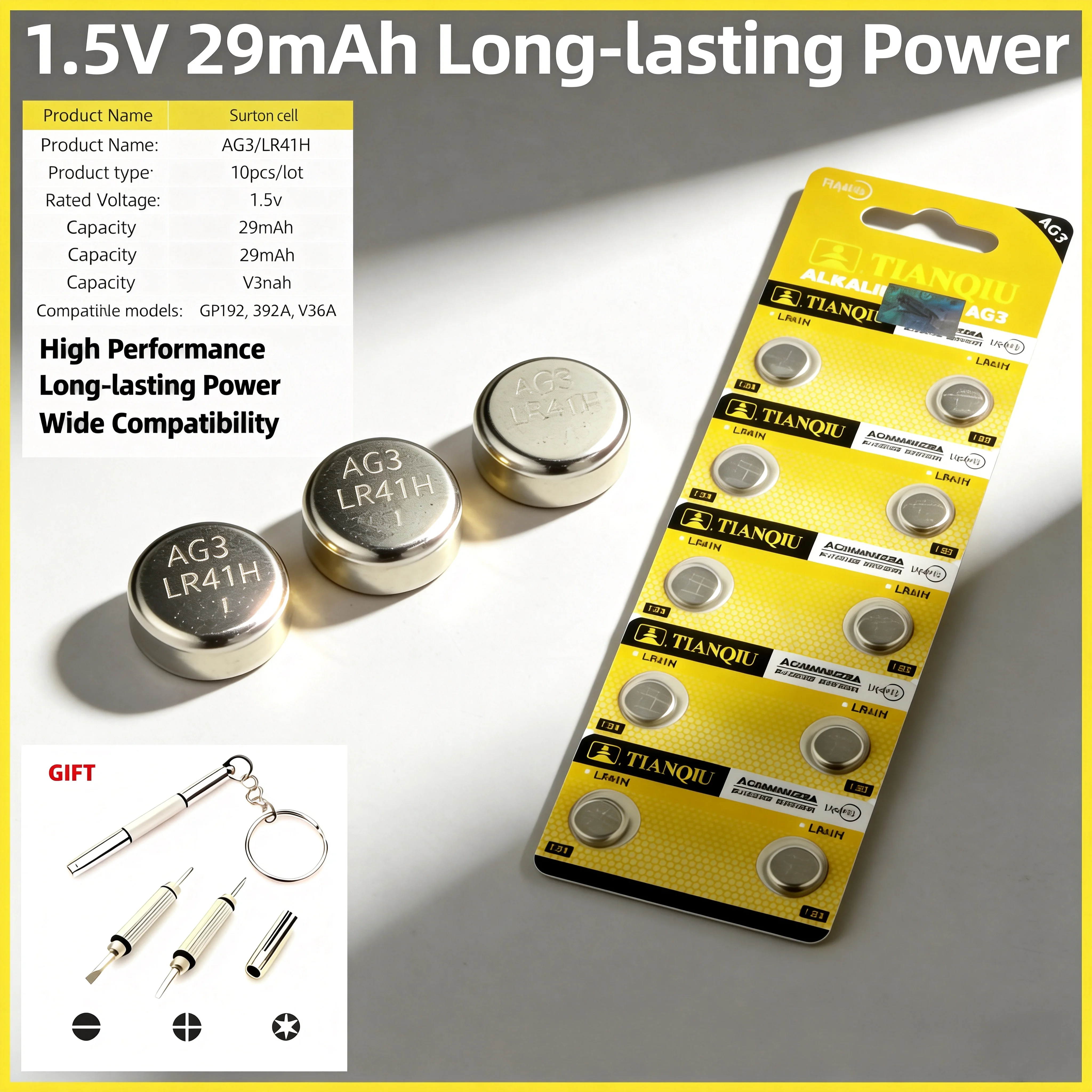 High Performance AG3 LR41 Alkaline Button Battery Compatible with GP192 392A V36A for Quartz Watch MP3 Player