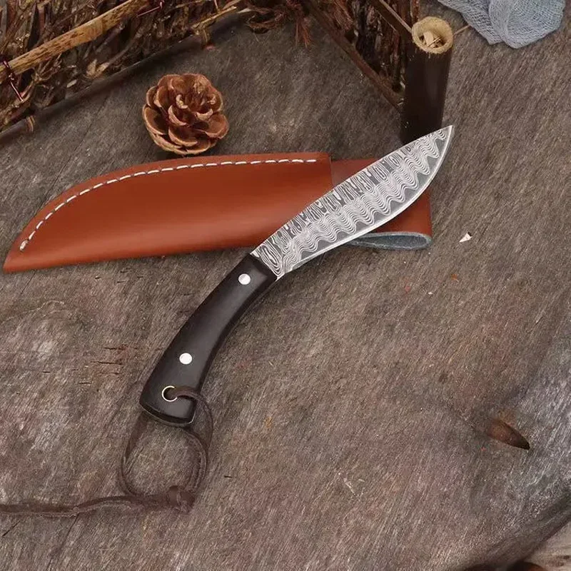 Coltello da carne forgiato a mano con motivo damasco copertura in pelle Barbecue carne campeggio all\'aperto multiuso coltello piccolo ad alta durezza