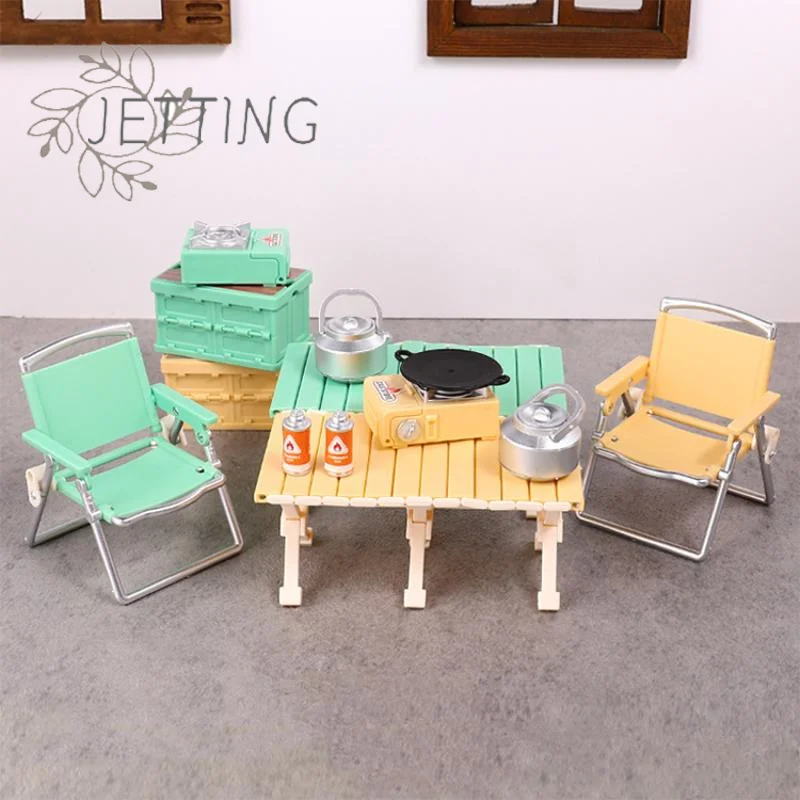 ชุดตั้งแคมป์ปิกนิกจิ๋วสำหรับบ้านตุ๊กตา 1:12 พร้อมเก้าอี้พับได้ เตาแก๊สจำลอง ของตกแต่งบ้านตุ๊กตา