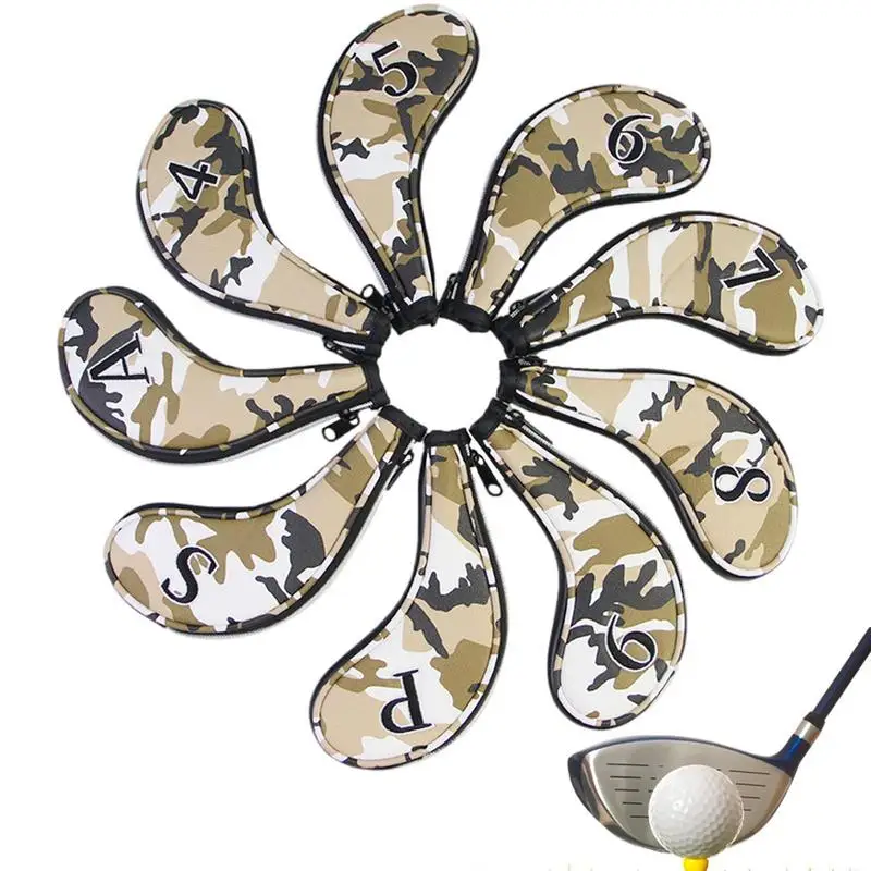 

Camouflage High-Quality 9Pcs Golf Head Cover Golf Club Iron Putter Protect Set Number Printed With Zipper Long Neck