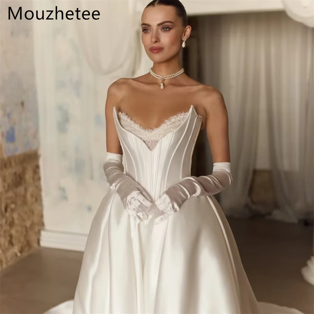 Mouzhetee A-Line Elegant Pleat Lace Strapless Sleeveless Wedding Dresses Princess Corset Brides Gown Custom Made 2026