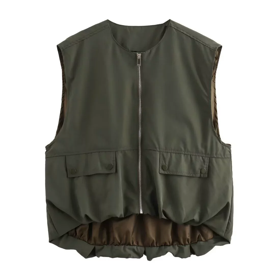 Loose Sleeveless round Neck Women's Vest Folded Hem Street Style Polyester Fabric Spring Autumn Fashion Casual Backless Top
