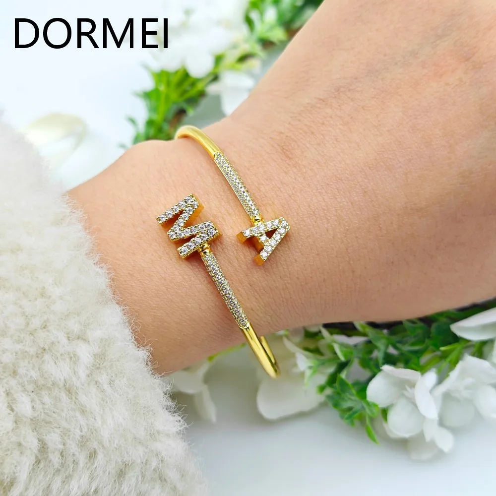 DOREMI Elegant Women Custom Initial Letters Charms Bracelet Full Cz Letters Staggered Bangle