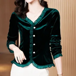 High quality gold velvet long sleeve female temperament blouse with neckline in V Korean dark colors lace nail unique granule 10 Main Sales Golden Blouse - №7