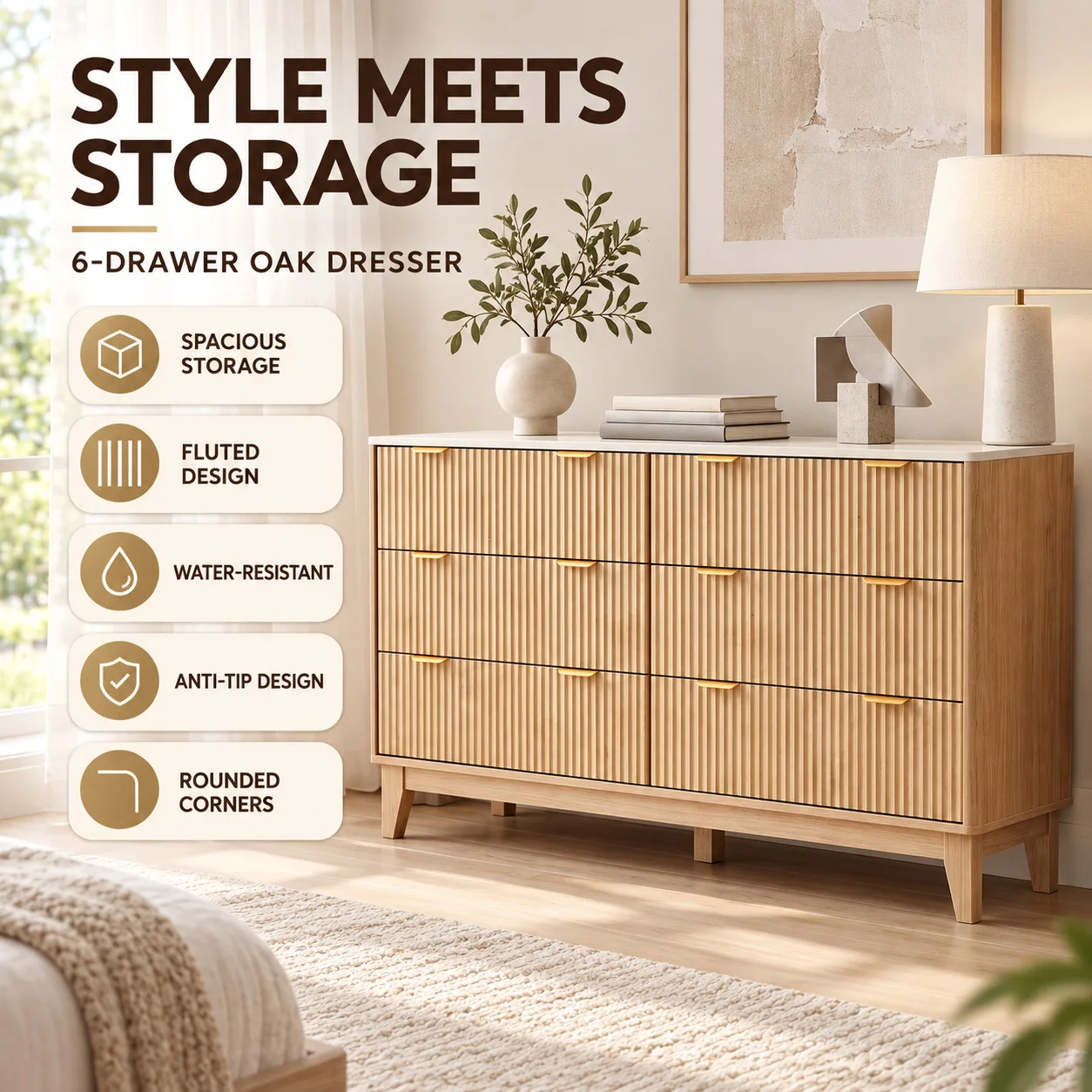 6 Drawer Dresser Chest Oak Fluted Storage Cabinet with Gold Tone Handles Waterproof MDF Wood Anti Tip Design for Bedroom Living Room Entryway Dining Room