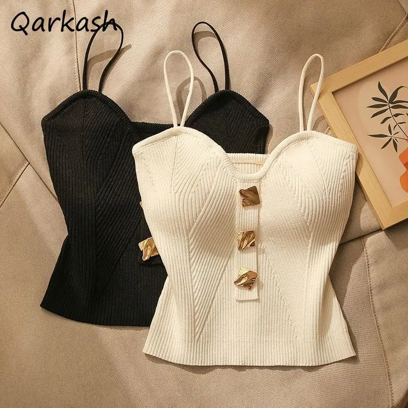 Women Camisole Button Delicate Knitting Summer Korean Style Elegant Streetwear City-Look Vintage Crop Tops Comfortable Clothing