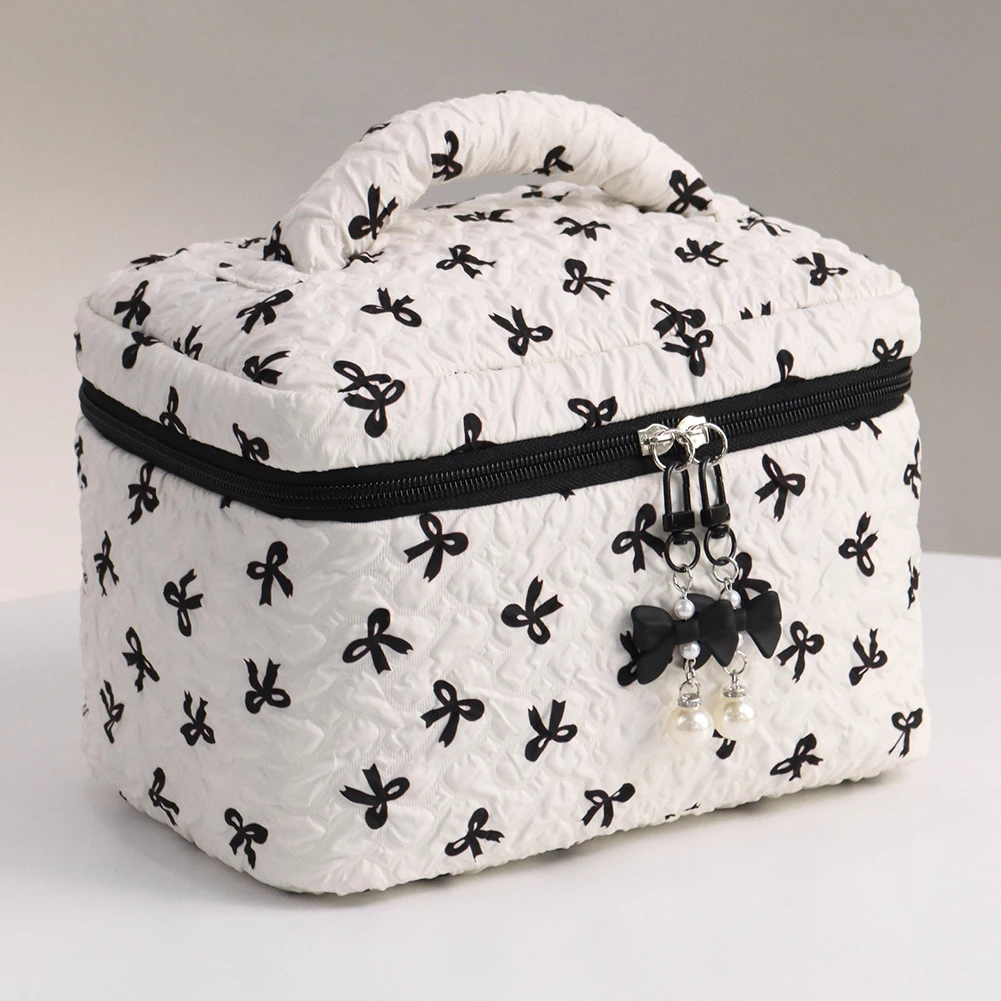 

3 Pcs Cute Makeup Bag Large Capacity Cotton Padded Cosmetic Bag Bowknot Printed Soft Quilting Skincare Pouch Ladies Travel Bag