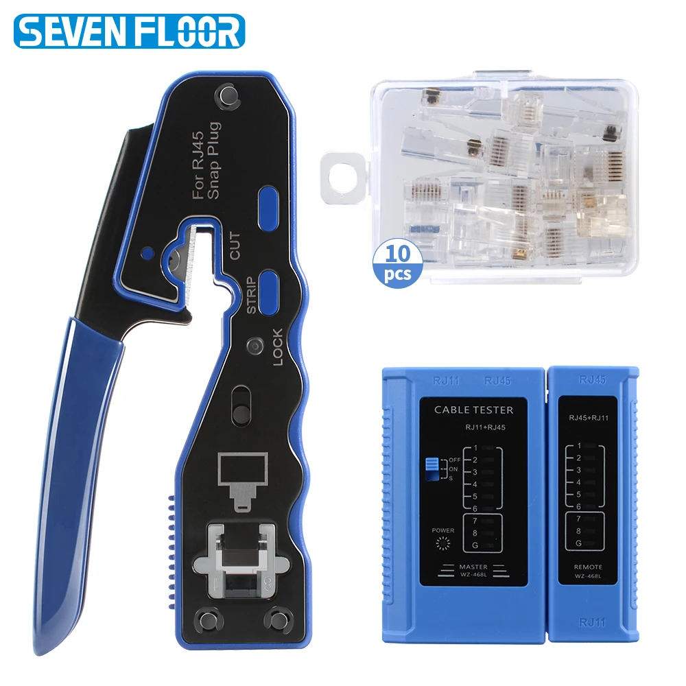 RJ45 Cat6 Cat5e Pass-Through Crimping Tool Kit, Ethernet Crimper Set with RJ45/RJ11 Network Tester 10Pcs 8P8C Connectors,
