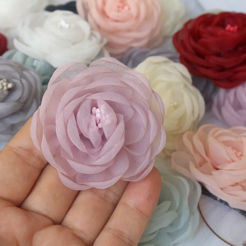 10PCS/Lot 5.5CM 3D Organza Chiffon Fabric Cored Artificial Rose Flower For Wedding Dress Hats Decoration DIY Sewing Applique
