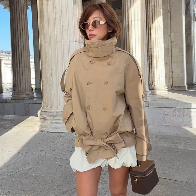 Women Cropped Trench Coat Stand Collar Double Breasted Bow Tie Waist Drop Shoulder Jacket Vintage Casual Street Ladies Outerwear