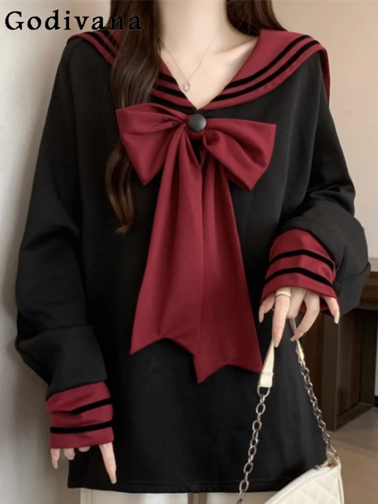 

Large Size Sweet College Navy Collar Bow Long Sleeve Sweatershirt Autumn Girl Fashion Loose Versatile Cotton Age Reduction Top
