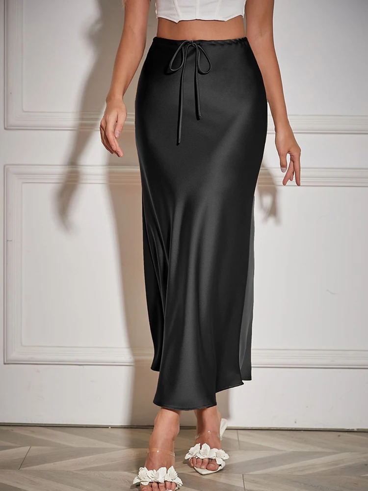 Women  Long Skirts 2023 Fashion A-line Pump satin skirt women's high waist split skirts sexy Female Bodycon Skirts