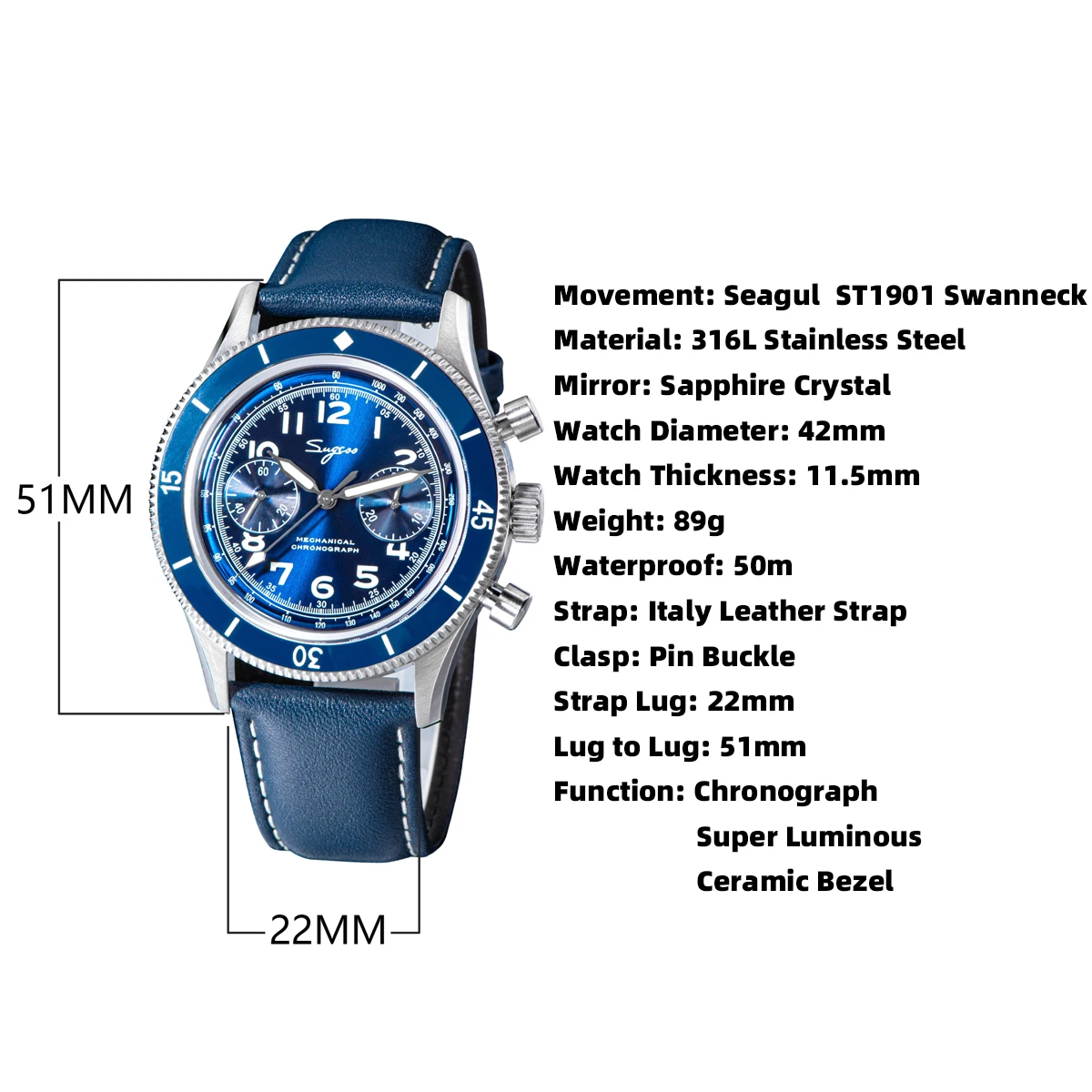 Sugess Watch 1963 Men Watches ST1901 Chronograph Luminous Mechanical Wristwatches Waterproof Crystal Sapphire Italian Leather