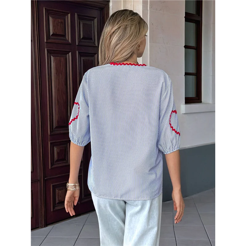 

【SEE】Tie Front Tops For Women Gingham Babydoll Top Puff Sleeve Tops Heart Long Sleeve Cute Summer Tops