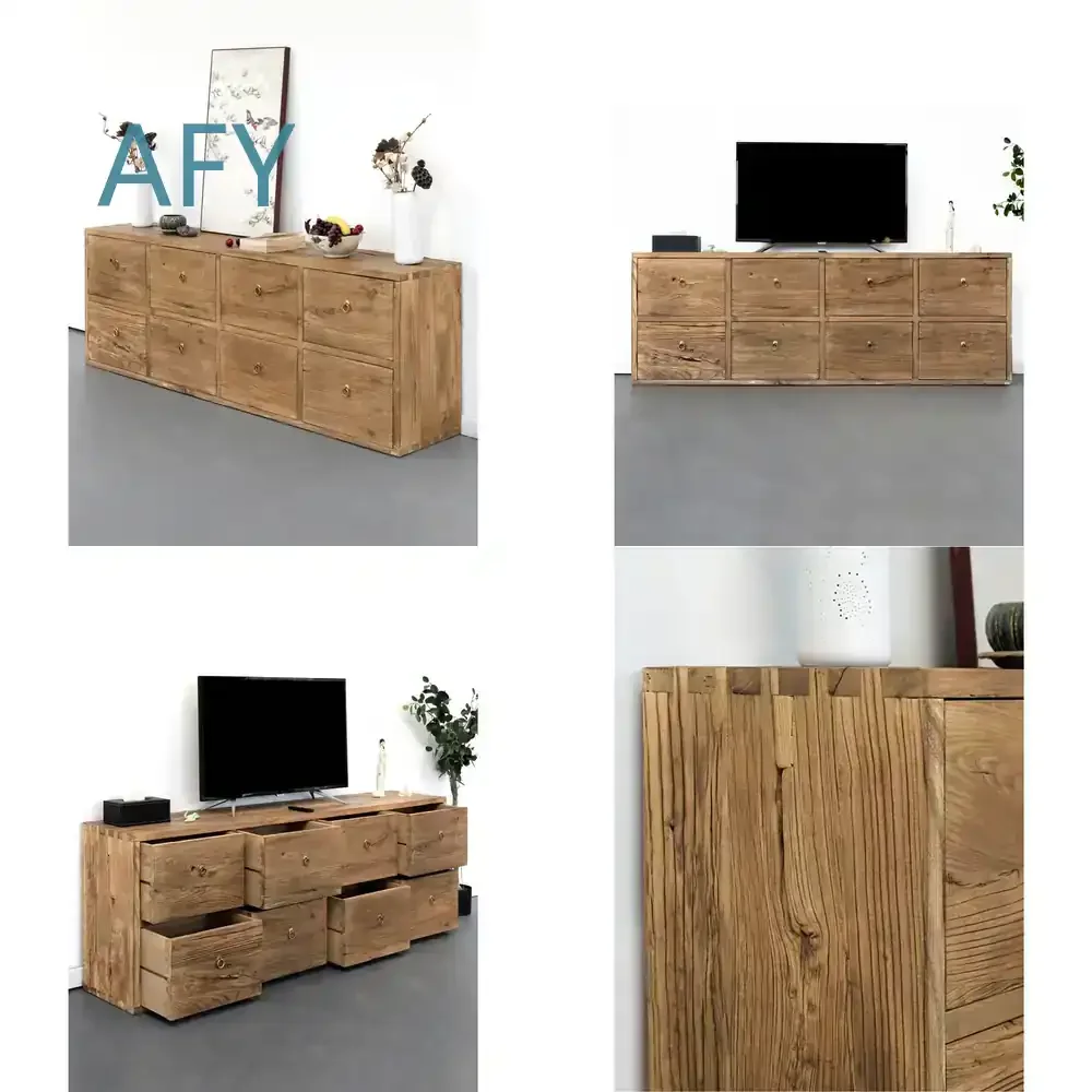 Rustic Elm Wood TV Stand for Modern Living Room with Elevated Design Simple Door Panels Natural Wood Furniture Multi