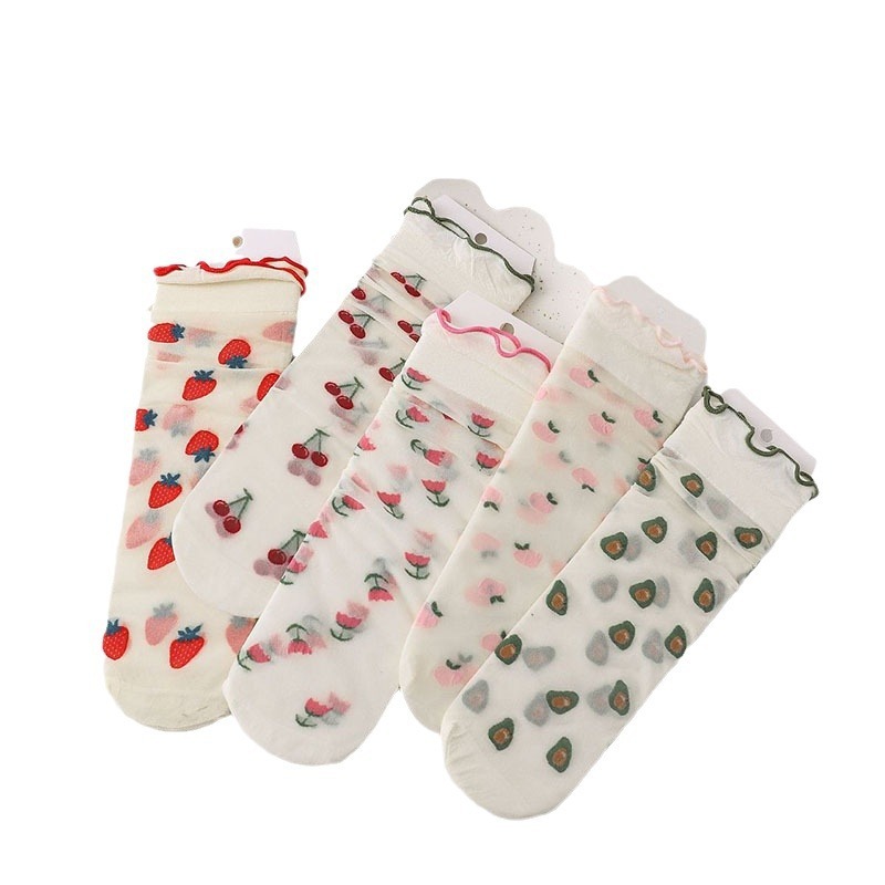  5 Pairs Women Lettuce Edged Round Neck Socks Fashionable Fruit Print Summer Thin Design Soft Comfortable Breathable Casual Socks 