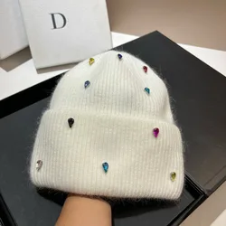 Shiny Fashion Warm Cashmere Wool Skullies Angola Rabbit Fur Winter Knitted Beanies Women Cap Female Three Fold Ski Outdoor Hats