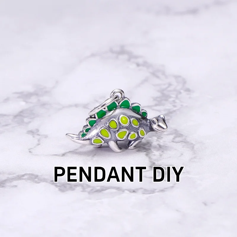 S925 Silver Dinosaur Charm, Green Enamel Stegosaurus Pendant, Cute Cartoon Animal Dangle Bead for Bracelet Necklace, Kids Gift