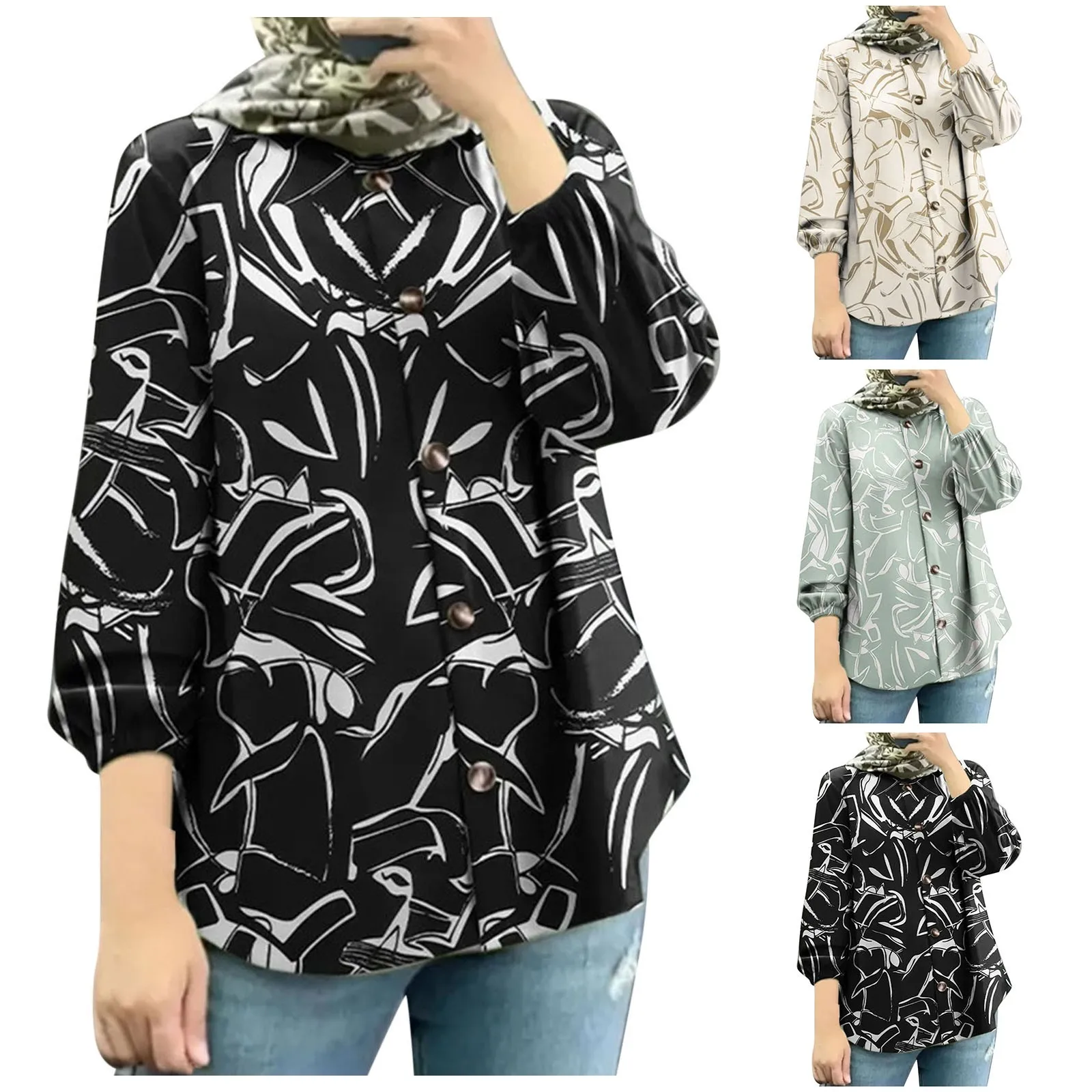 Women Muslim Floral Shirt Robe Fashion Puff Sleeve топи жіночі Casual Shirt Tops Oversized V Neck T Shirts muslim women clothing