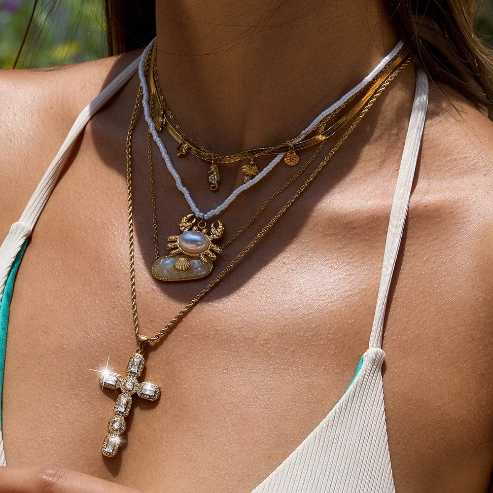 

ENFASHION Para Mujer White Beads Chain Crab Pearl Pendant Necklace For Women's Stainless steel 18K Gold Plated Jewelry P253612