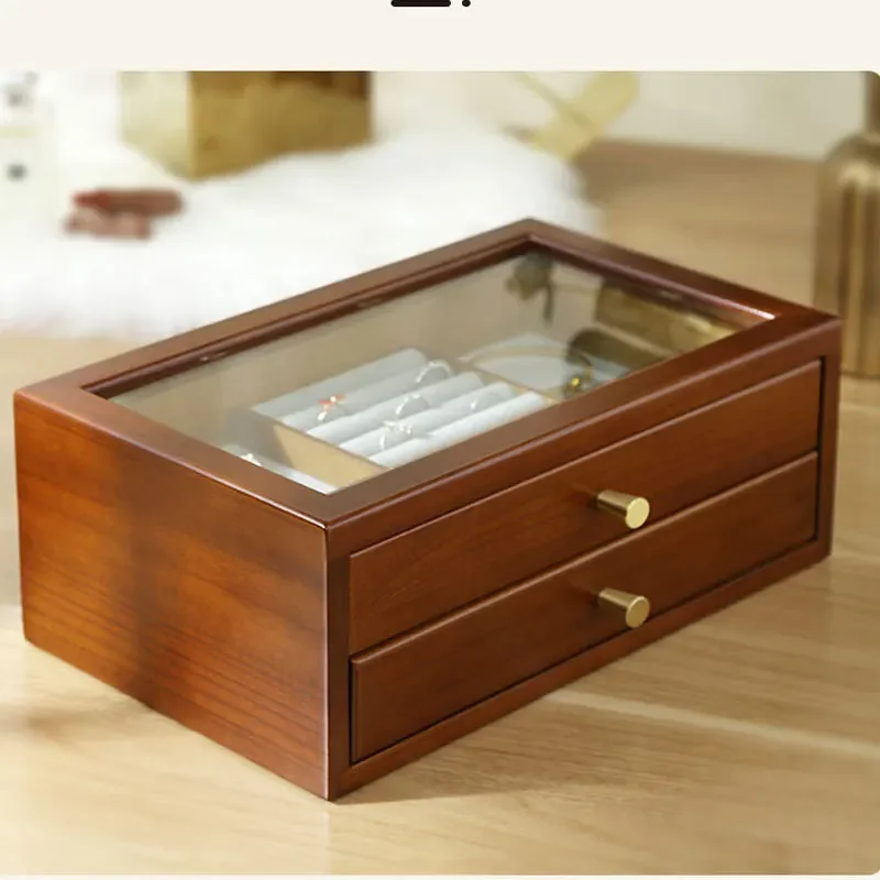 

Jewelry Box Double Layer Solid Wood Antique Earrings Bracelet Jewelry Storage Box Ins Style Luxurious Exquisite New