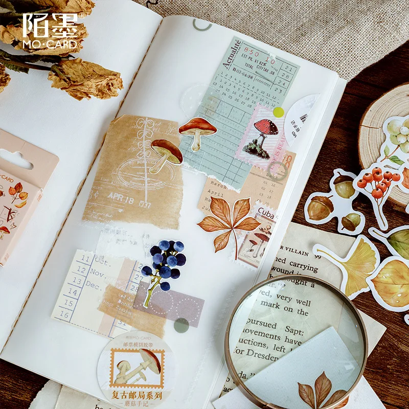 46 sztuk spadek liści Mini naklejki w opakowaniu Vintage roślin grzyby naklejki śmieci Journal DIY kolaż Album naklejki do scrapbookingu etykiety